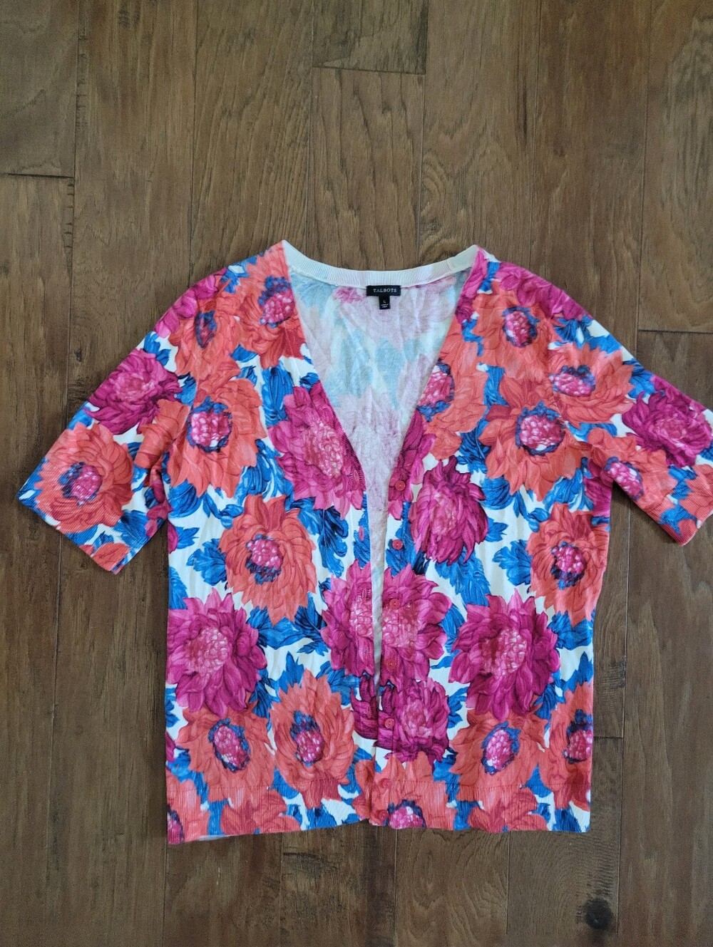 Talbots Floral Button-Front Top - Pink, Coral & Blue, Large